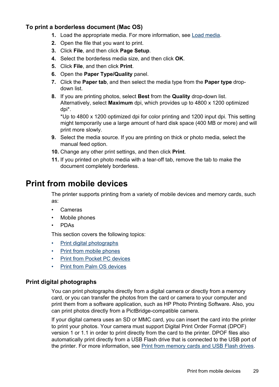 To print a borderless document (mac os), Print from mobile devices, Print digital photographs | Print from mobile phones, Print from pocket pc devices, Print from palm os devices | HP Officejet H470wf Mobile Printer User Manual | Page 33 / 132