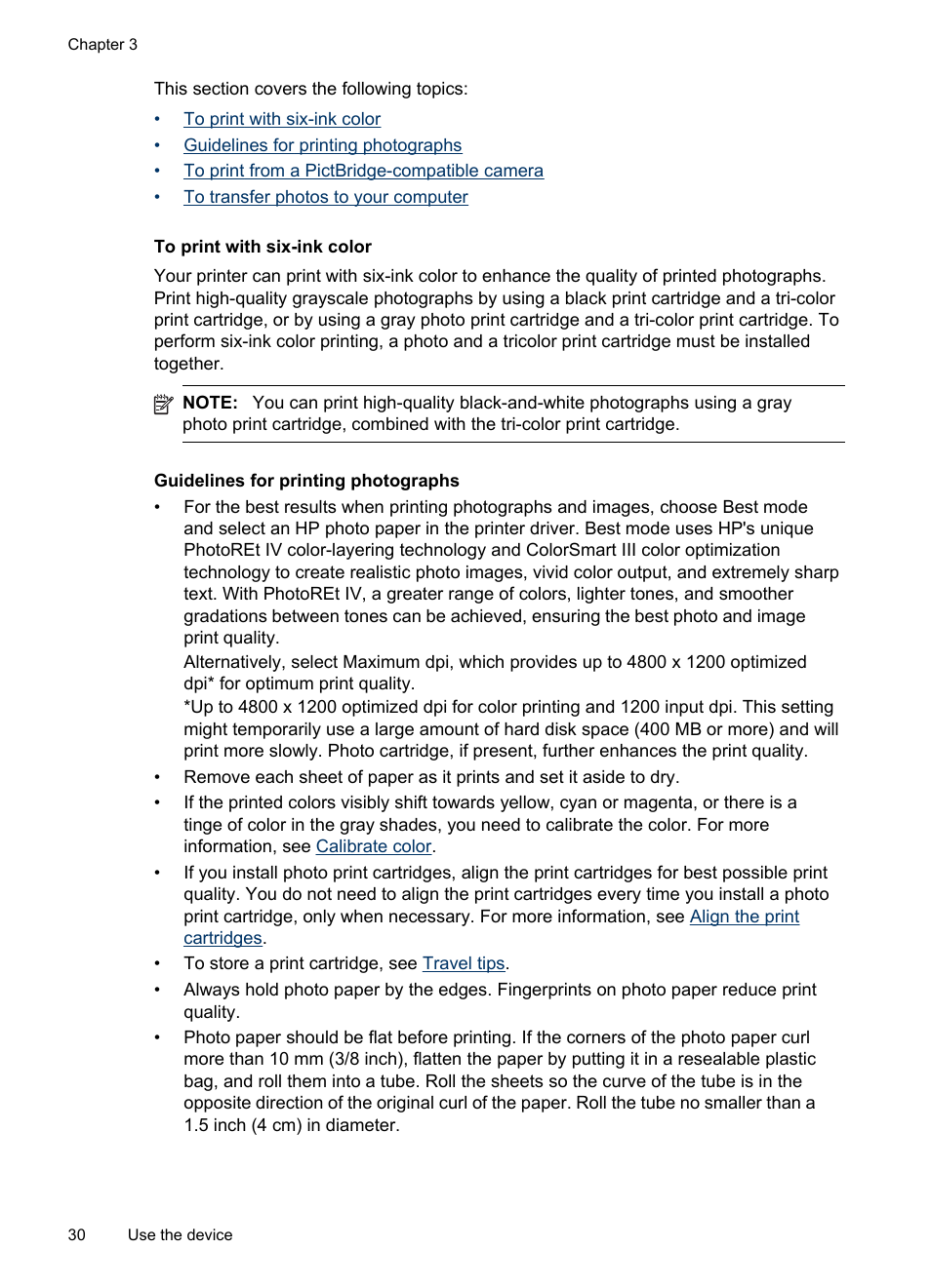 To print with six-ink color, Guidelines for printing photographs | HP Officejet H470wf Mobile Printer User Manual | Page 34 / 132