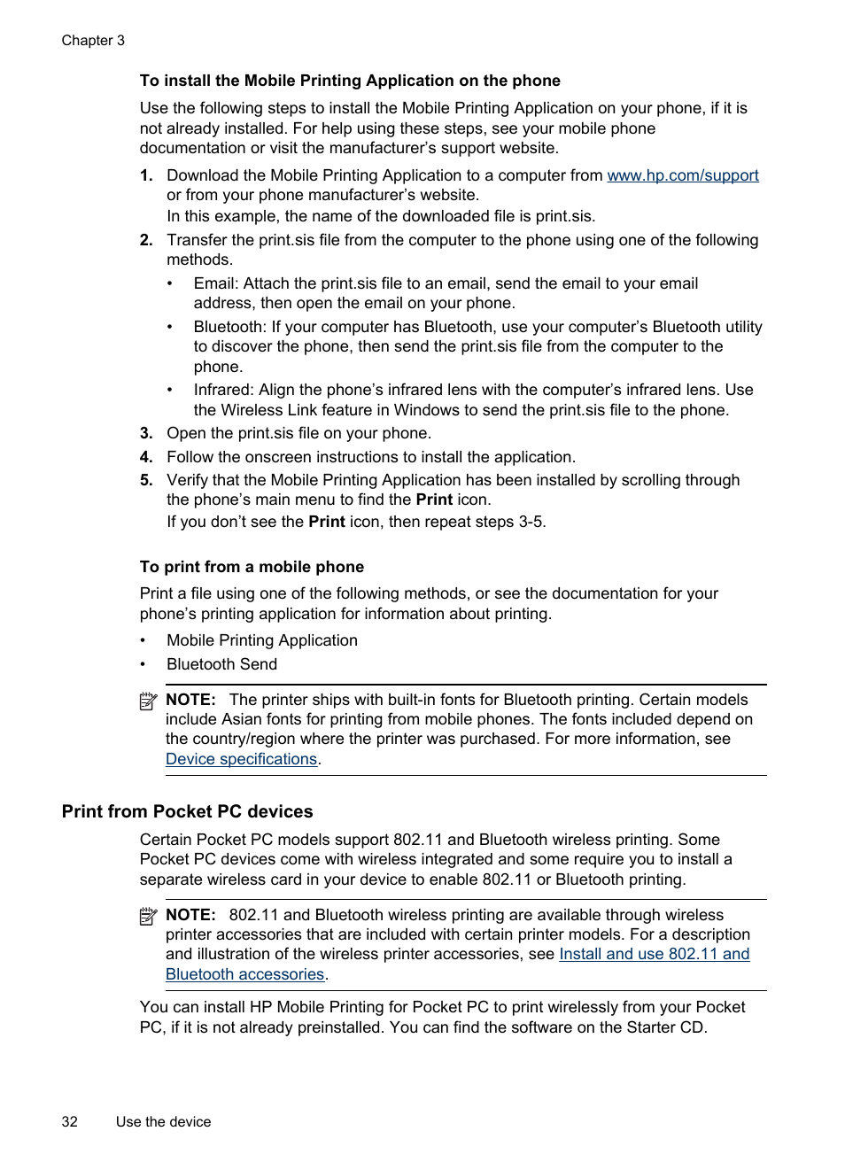 To print from a mobile phone, Print from pocket pc devices | HP Officejet H470wf Mobile Printer User Manual | Page 36 / 132