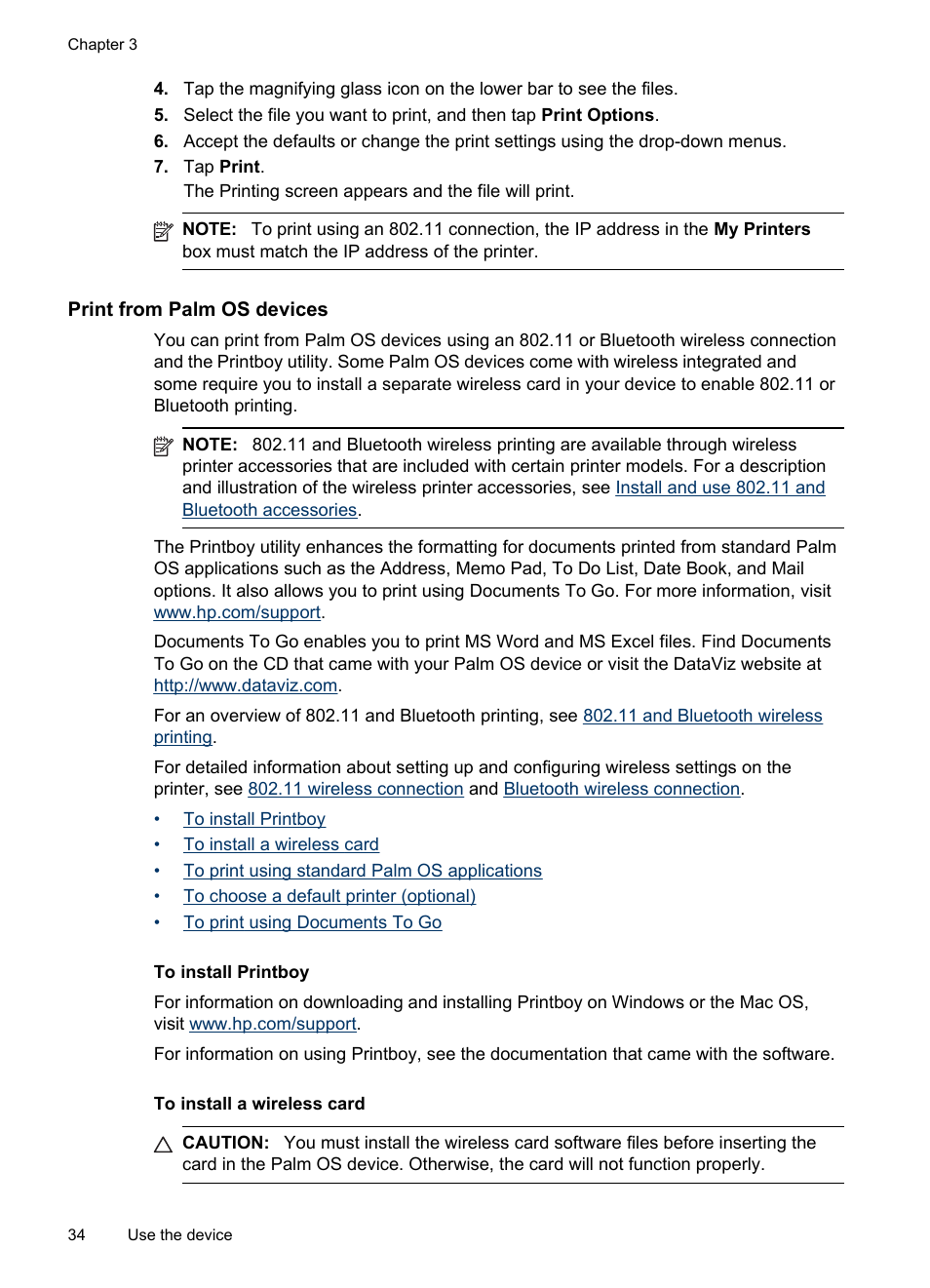 Print from palm os devices, To install printboy, To install a wireless card | HP Officejet H470wf Mobile Printer User Manual | Page 38 / 132
