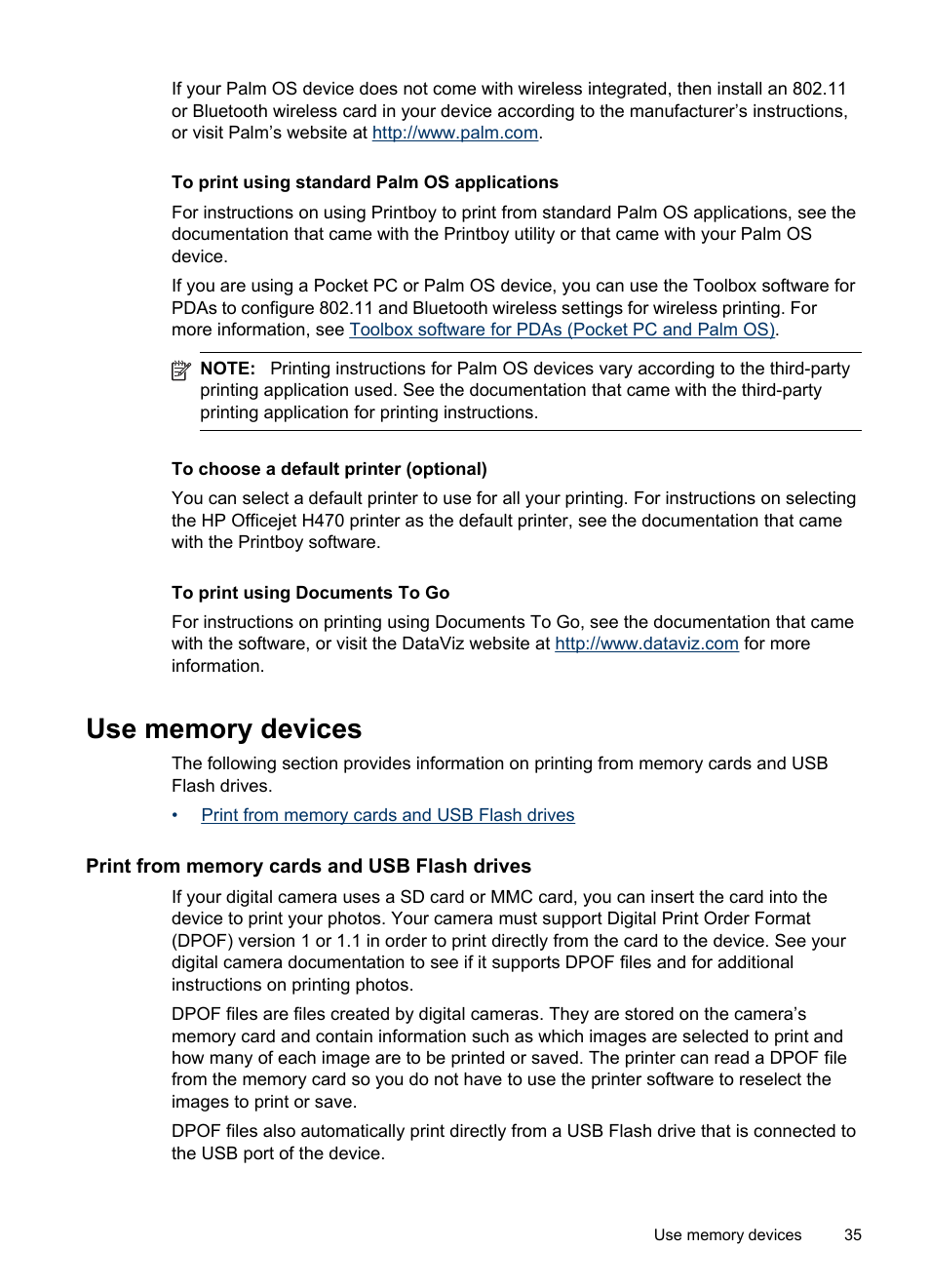 To print using standard palm os applications, To choose a default printer (optional), To print using documents to go | Use memory devices, Print from memory cards and usb flash drives | HP Officejet H470wf Mobile Printer User Manual | Page 39 / 132