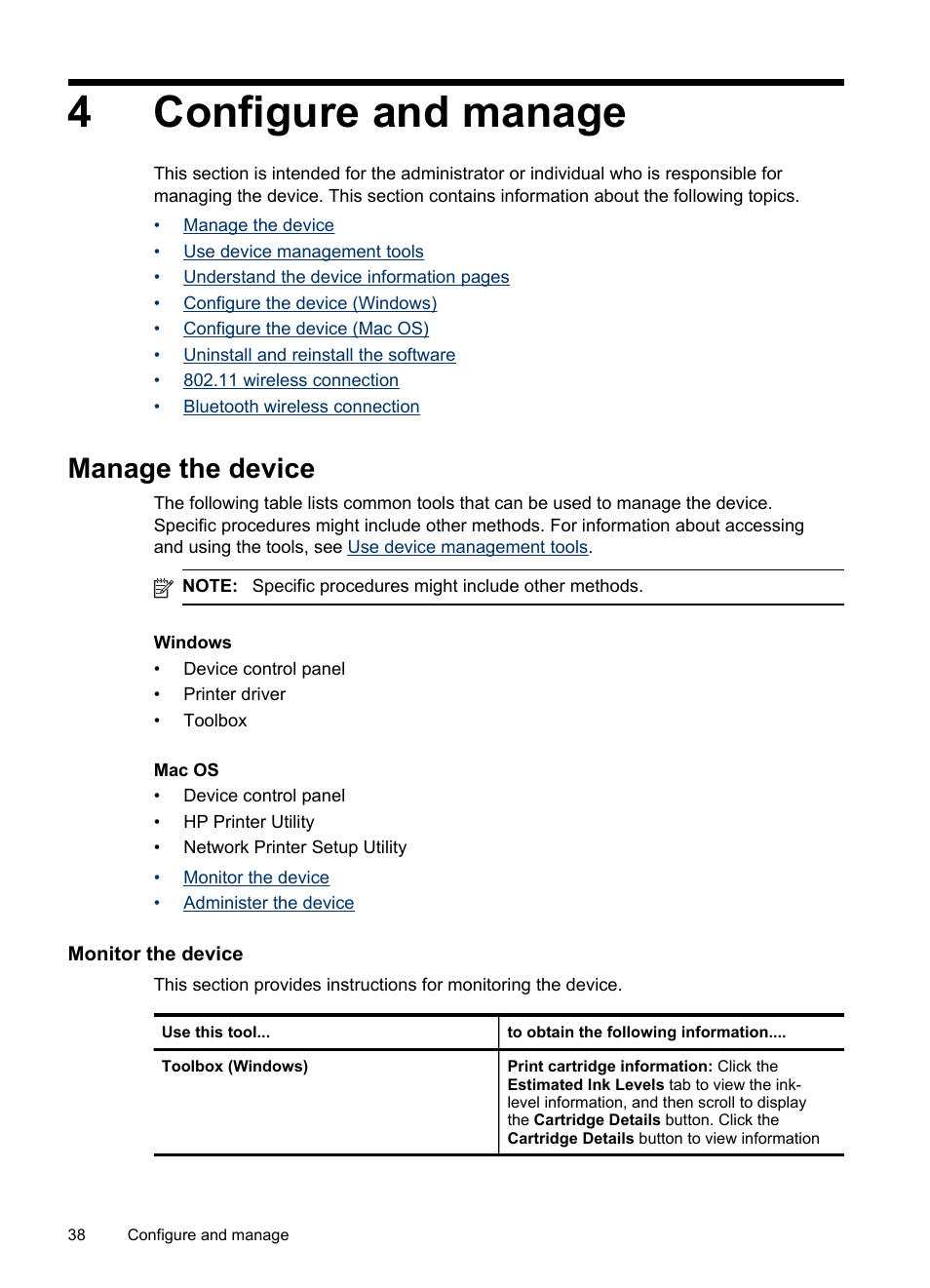 Configure and manage, Manage the device, Monitor the device | 4 configure and manage, Monitor the device administer the device, 4configure and manage | HP Officejet H470wf Mobile Printer User Manual | Page 42 / 132