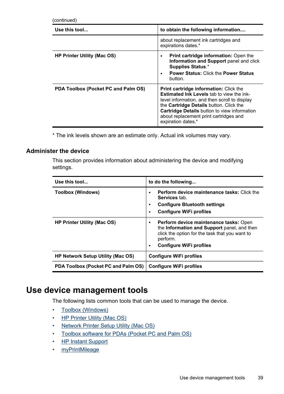 Administer the device, Use device management tools, Toolbox (windows) | To open the toolbox toolbox tabs, Hp printer utility (mac os), Myprintmileage | HP Officejet H470wf Mobile Printer User Manual | Page 43 / 132