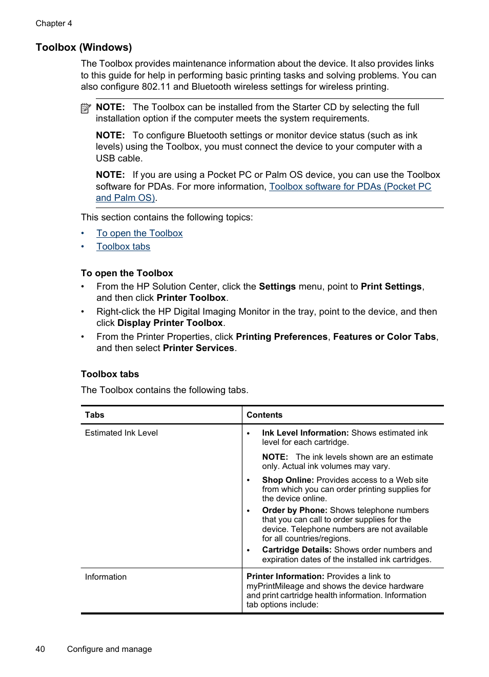 Toolbox (windows), To open the toolbox, Toolbox tabs | HP Officejet H470wf Mobile Printer User Manual | Page 44 / 132