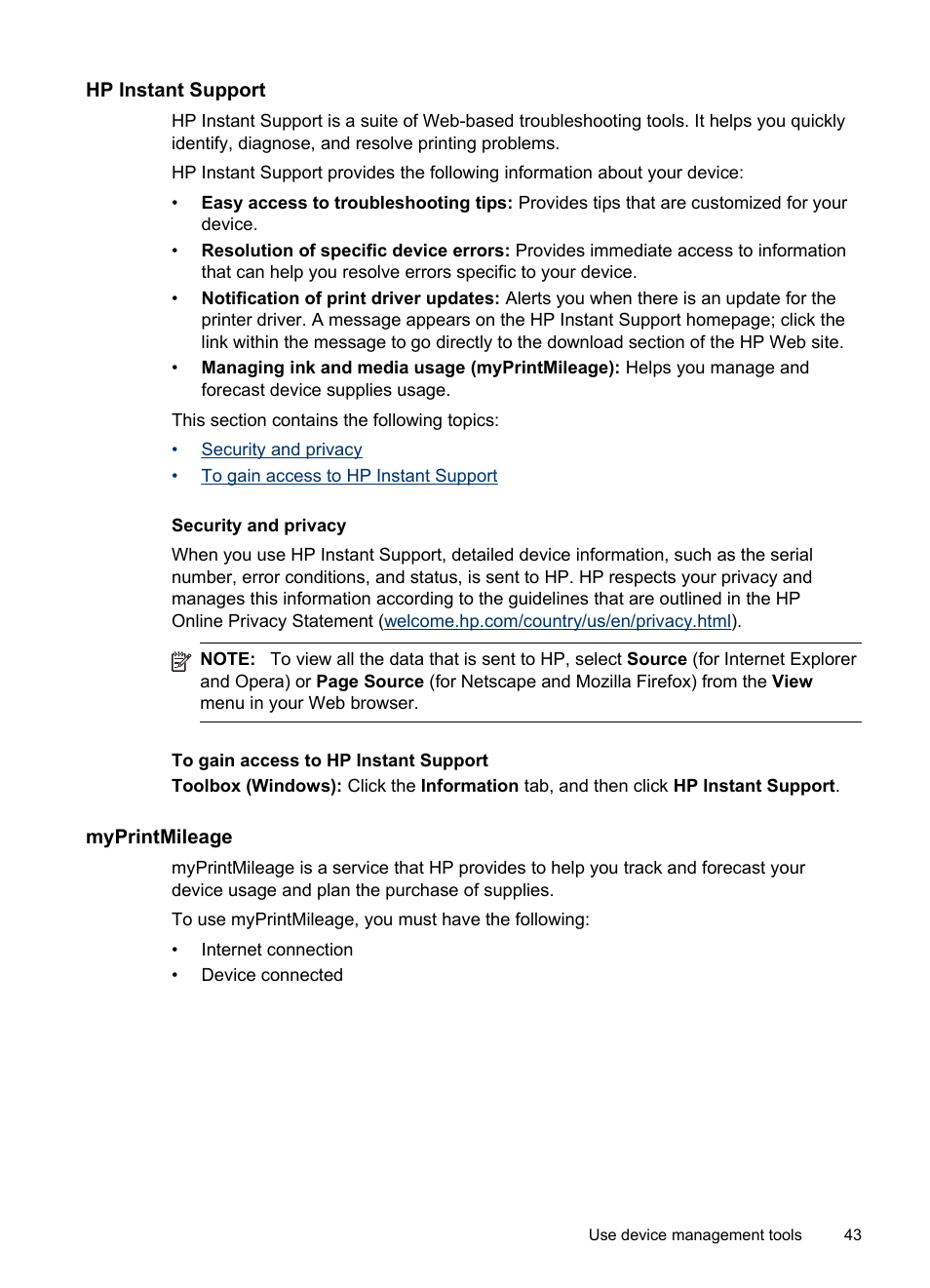 Hp instant support, Security and privacy, To gain access to hp instant support | Myprintmileage | HP Officejet H470wf Mobile Printer User Manual | Page 47 / 132