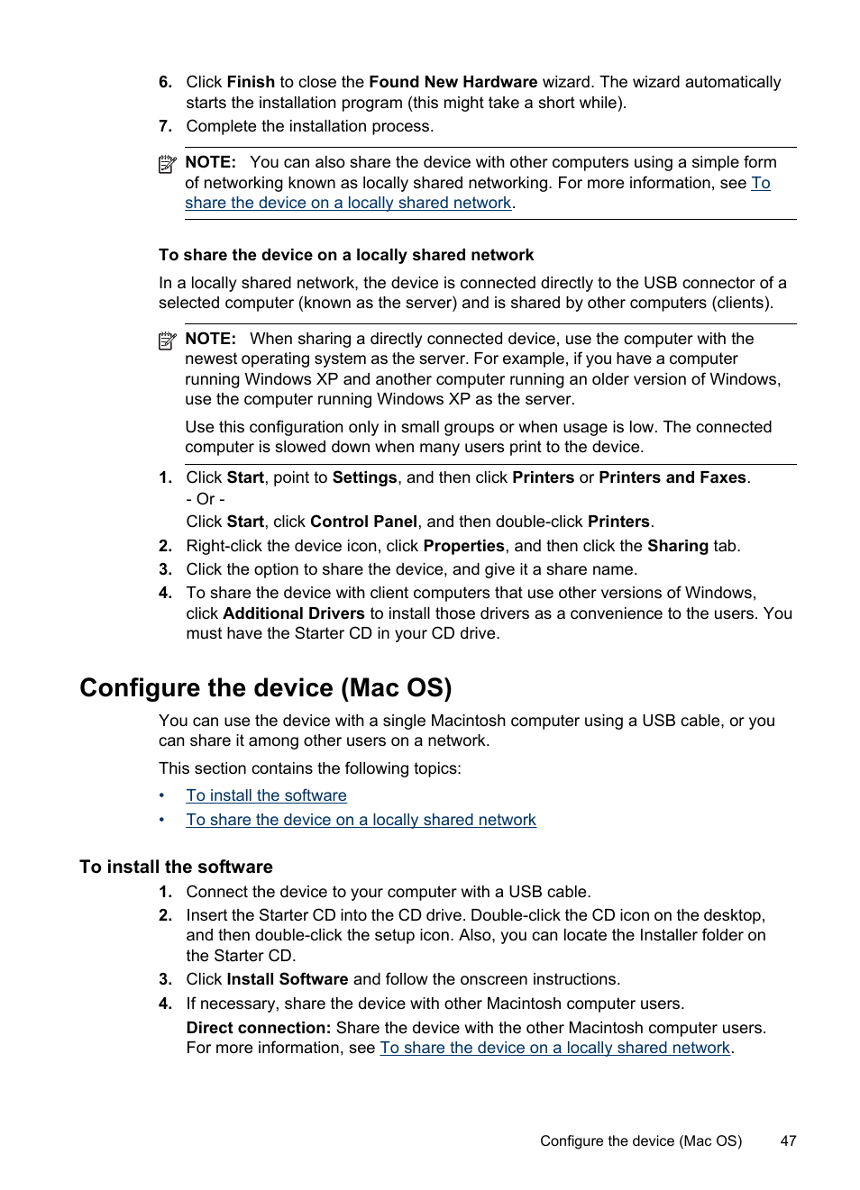 To share the device on a locally shared network, Configure the device (mac os), To install the software | Share the device on a locally shared network | HP Officejet H470wf Mobile Printer User Manual | Page 51 / 132