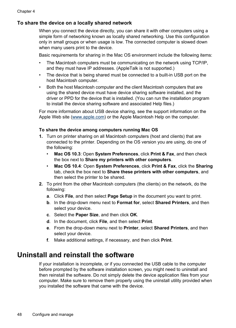 To share the device on a locally shared network, Uninstall and reinstall the software | HP Officejet H470wf Mobile Printer User Manual | Page 52 / 132
