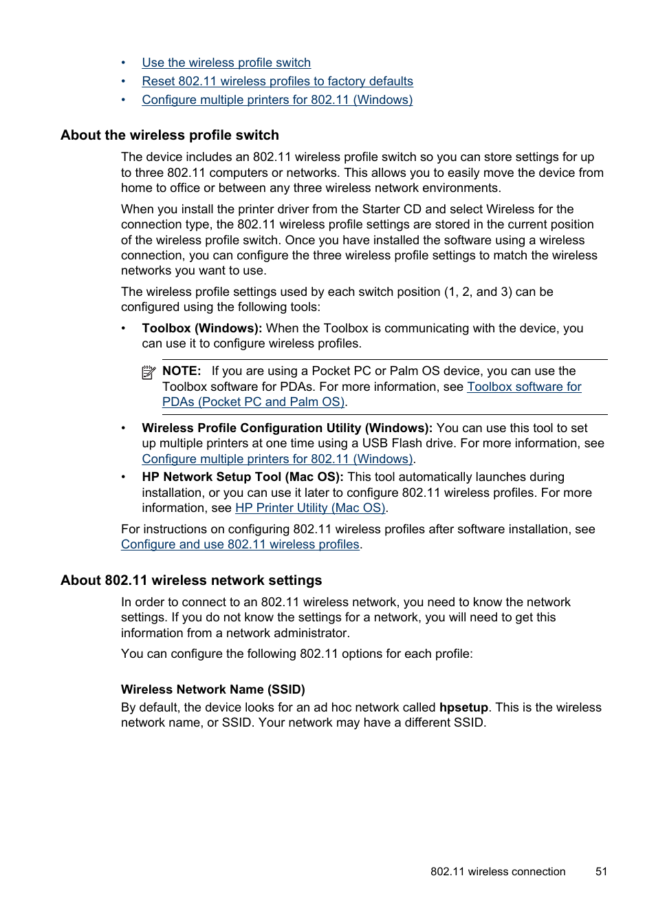 About the wireless profile switch, About 802.11 wireless network settings | HP Officejet H470wf Mobile Printer User Manual | Page 55 / 132