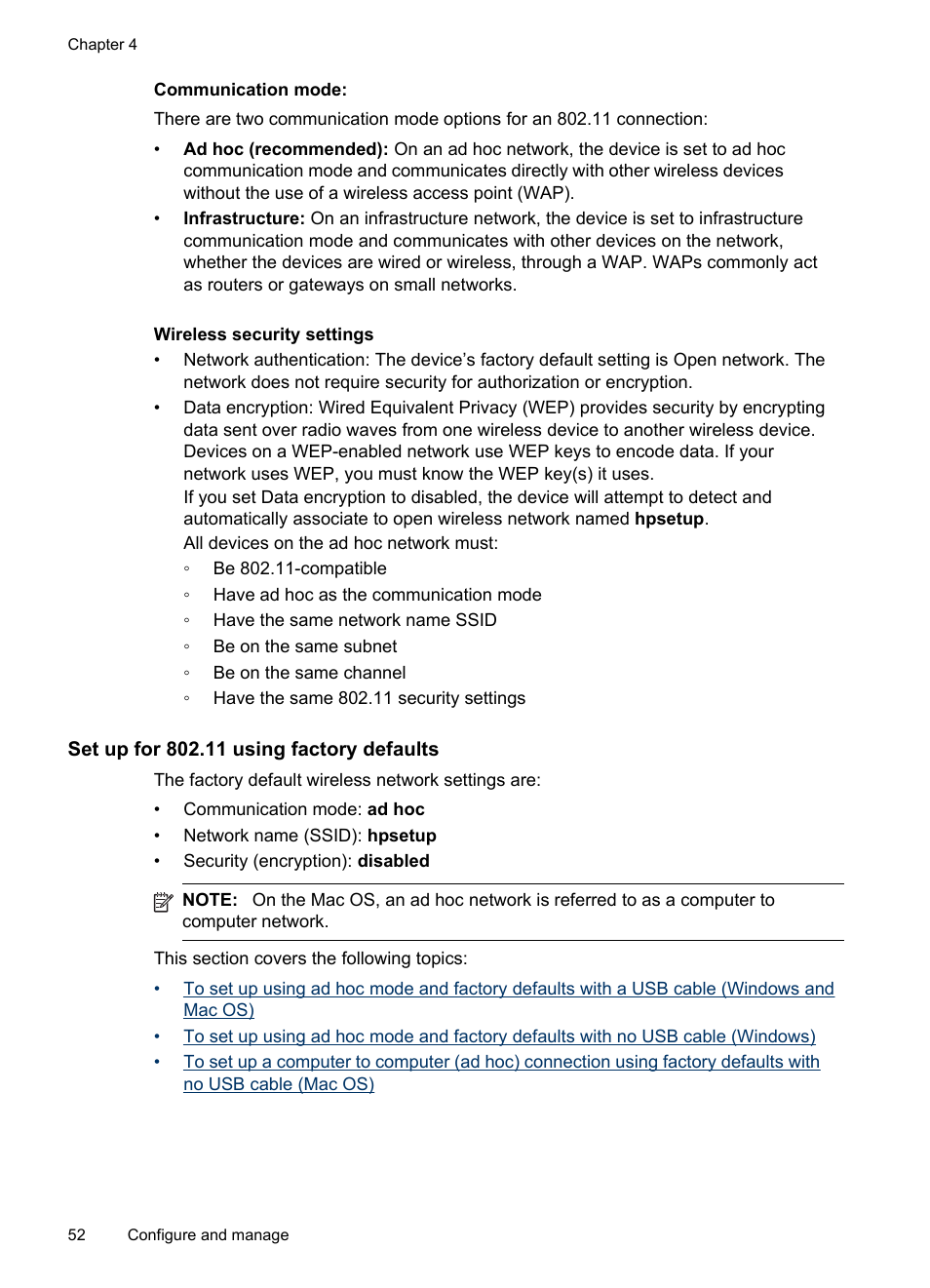 Set up for 802.11 using factory defaults | HP Officejet H470wf Mobile Printer User Manual | Page 56 / 132