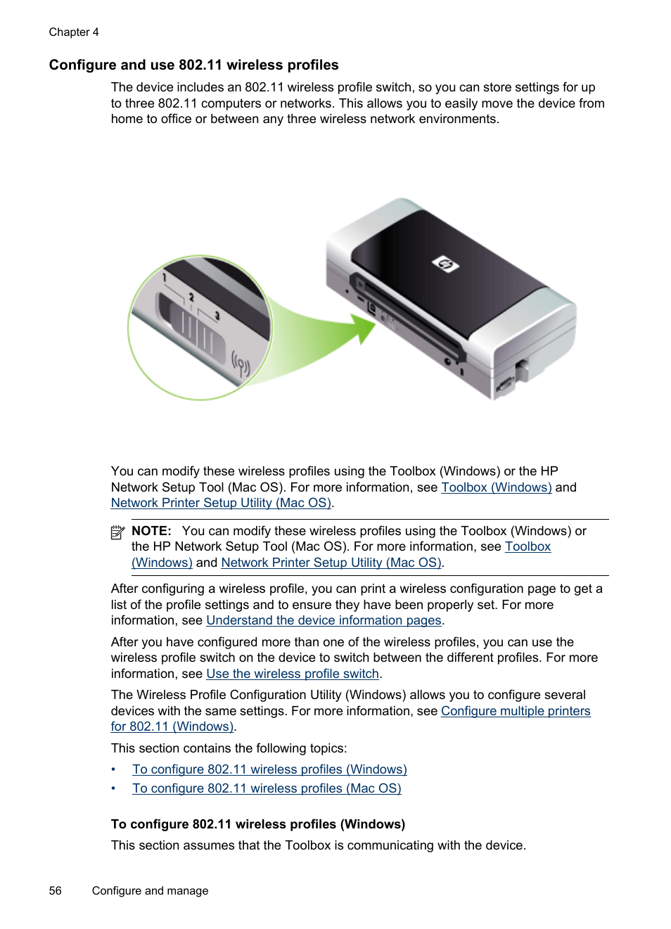 Configure and use 802.11 wireless profiles, To configure 802.11 wireless profiles (windows) | HP Officejet H470wf Mobile Printer User Manual | Page 60 / 132