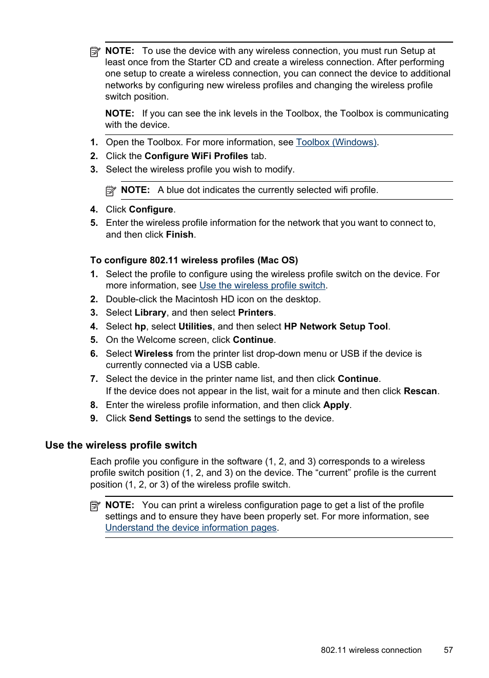 To configure 802.11 wireless profiles (mac os), Use the wireless profile switch | HP Officejet H470wf Mobile Printer User Manual | Page 61 / 132