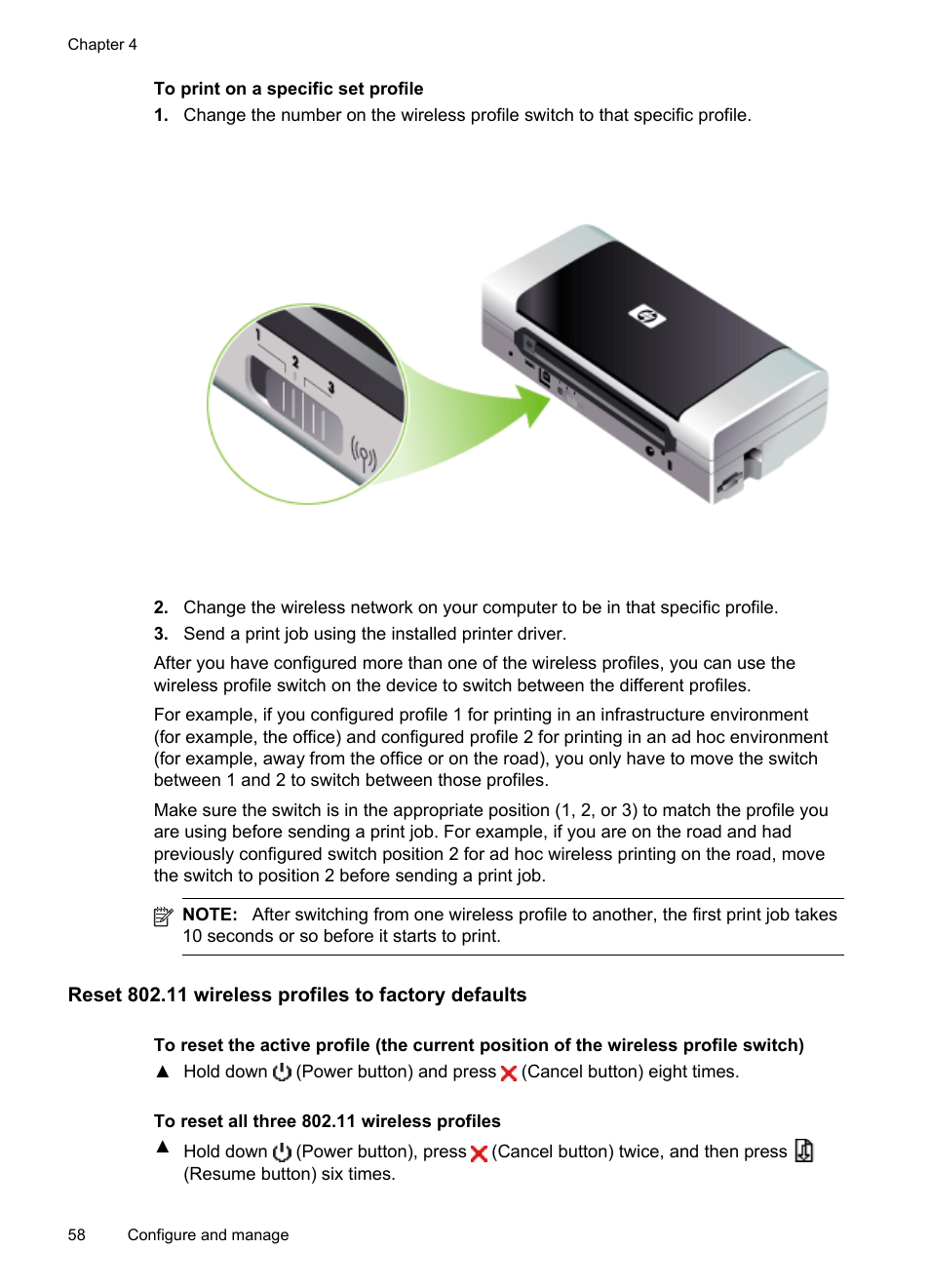 Reset 802.11 wireless profiles to factory defaults | HP Officejet H470wf Mobile Printer User Manual | Page 62 / 132