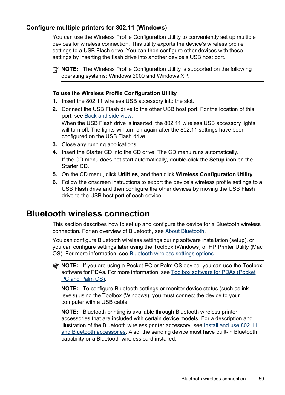 Configure multiple printers for 802.11 (windows), Bluetooth wireless connection, Bluetooth | Wireless connection, Configure multiple printers, For 802.11 (windows) | HP Officejet H470wf Mobile Printer User Manual | Page 63 / 132