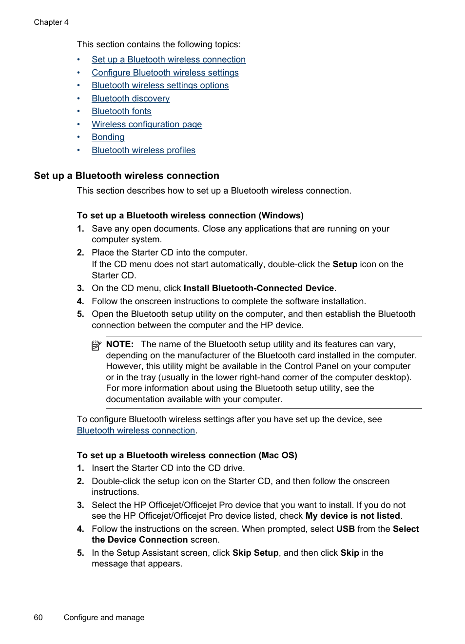 Set up a bluetooth wireless connection | HP Officejet H470wf Mobile Printer User Manual | Page 64 / 132