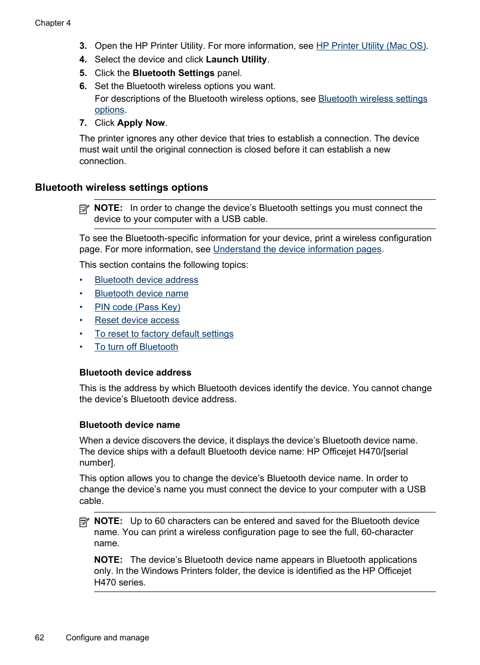 Bluetooth wireless settings options, Bluetooth device address, Bluetooth device name | For more information, see | HP Officejet H470wf Mobile Printer User Manual | Page 66 / 132