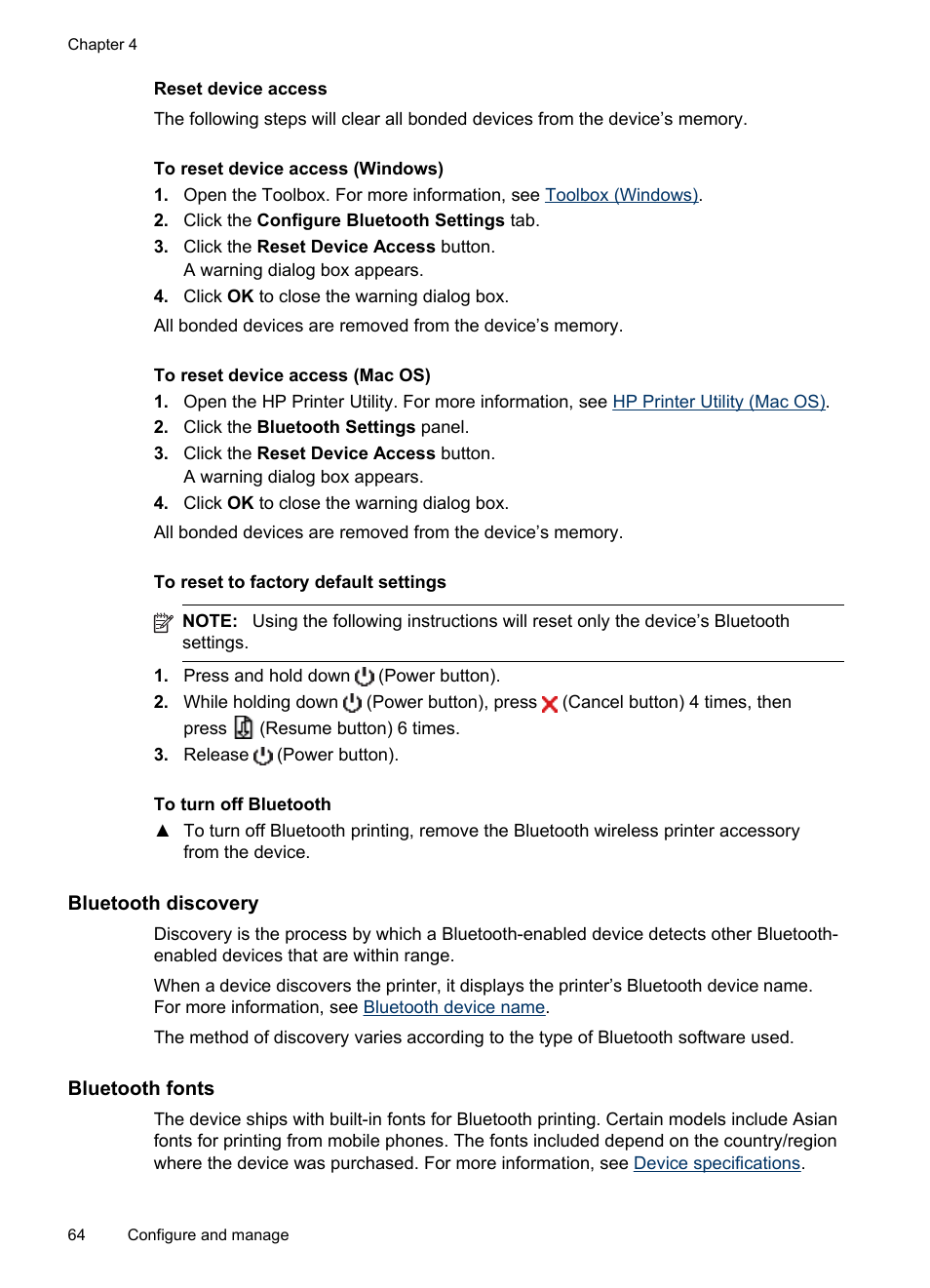 Reset device access, To reset to factory default settings, To turn off bluetooth | Bluetooth discovery, Bluetooth fonts | HP Officejet H470wf Mobile Printer User Manual | Page 68 / 132