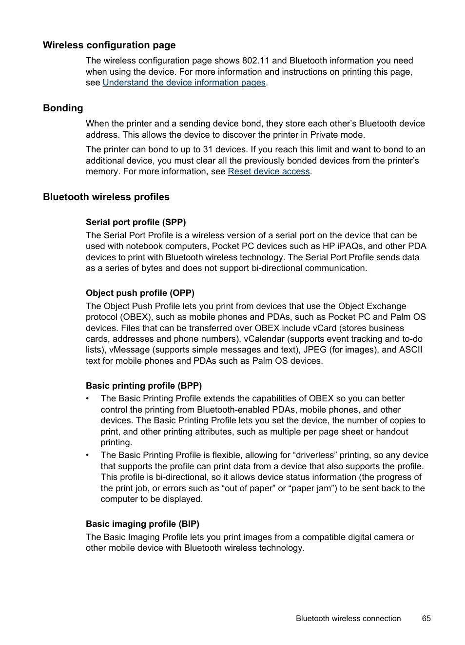 Bonding, Bluetooth wireless profiles | HP Officejet H470wf Mobile Printer User Manual | Page 69 / 132