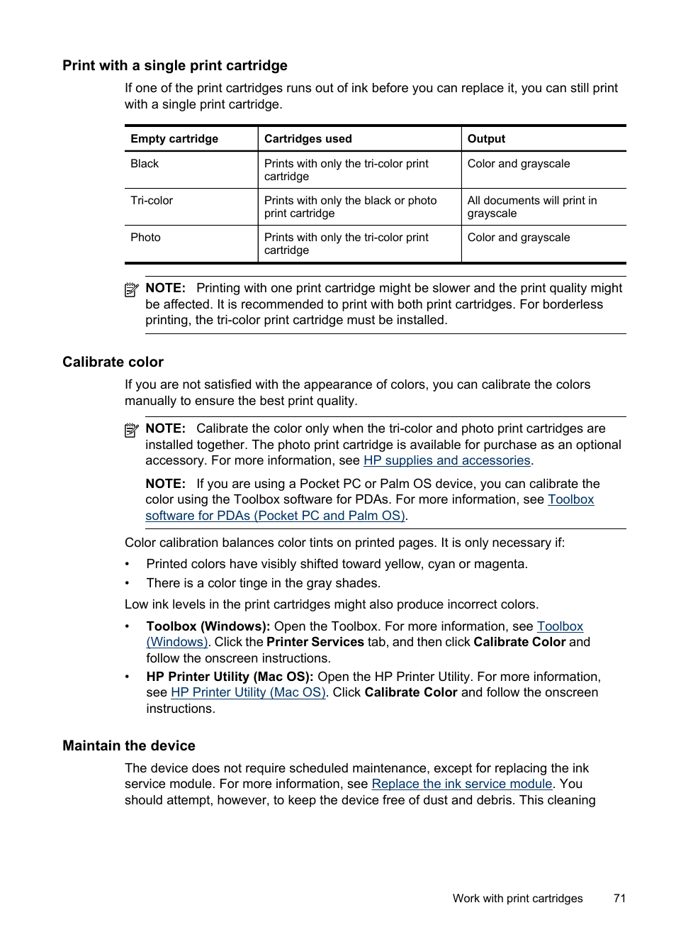 Print with a single print cartridge, Calibrate color, Maintain the device | Information, see, Calibrate, Color | HP Officejet H470wf Mobile Printer User Manual | Page 75 / 132