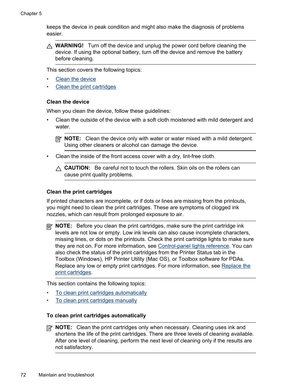 Clean the device, Clean the print cartridges | HP Officejet H470wf Mobile Printer User Manual | Page 76 / 132