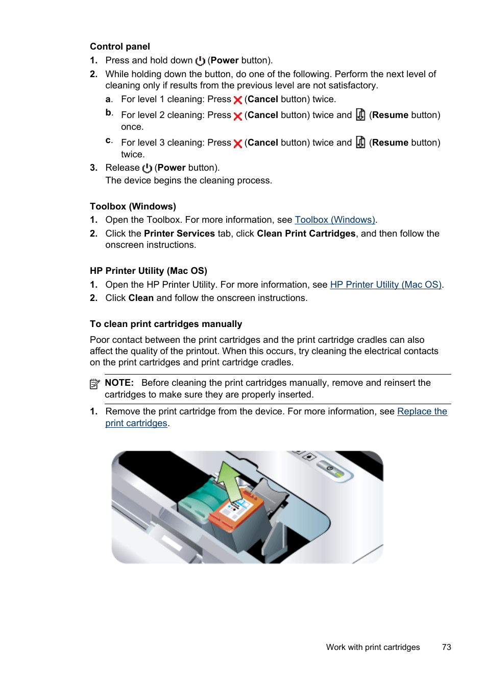 To clean print cartridges manually | HP Officejet H470wf Mobile Printer User Manual | Page 77 / 132