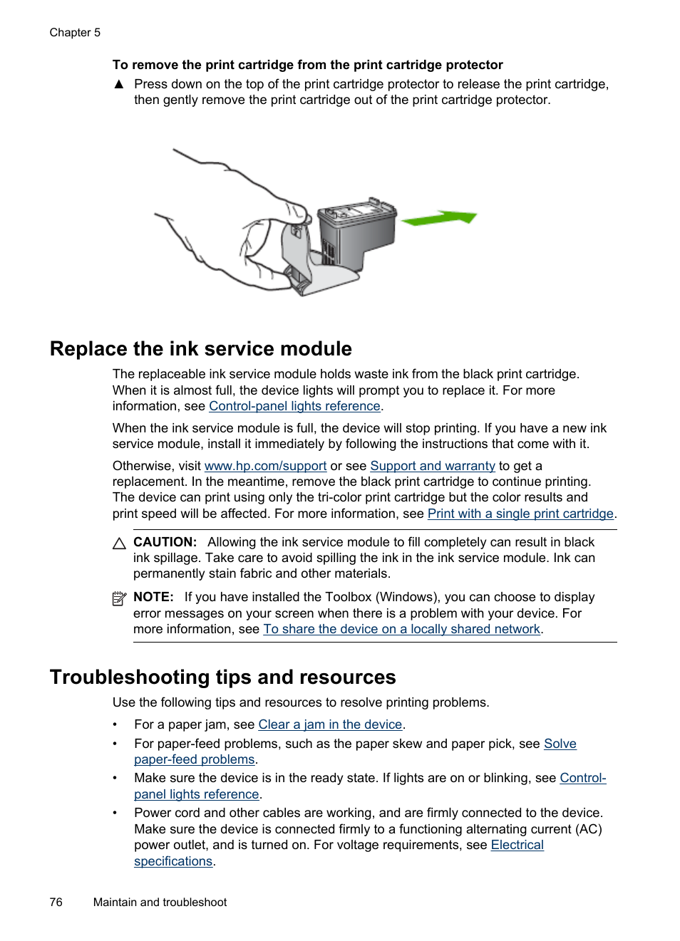 Replace the ink service module, Troubleshooting tips and resources | HP Officejet H470wf Mobile Printer User Manual | Page 80 / 132