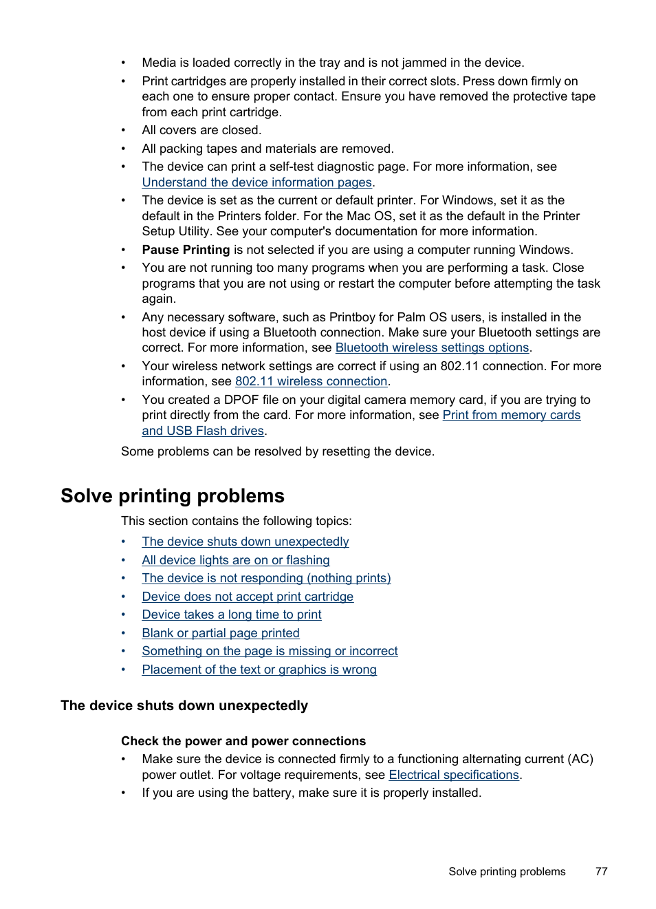Solve printing problems, The device shuts down unexpectedly | HP Officejet H470wf Mobile Printer User Manual | Page 81 / 132
