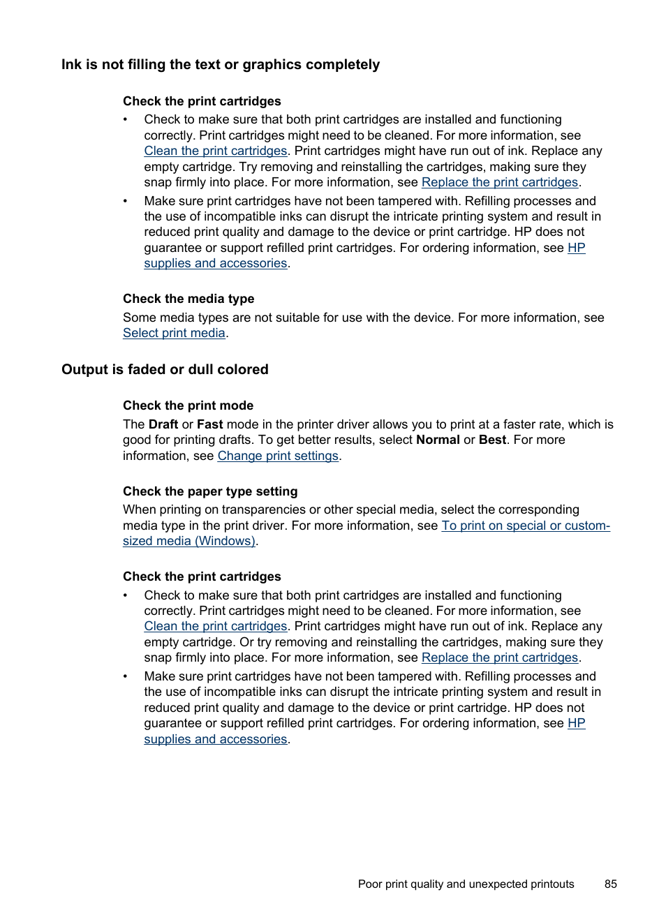 Ink is not filling the text or graphics completely, Output is faded or dull colored | HP Officejet H470wf Mobile Printer User Manual | Page 89 / 132