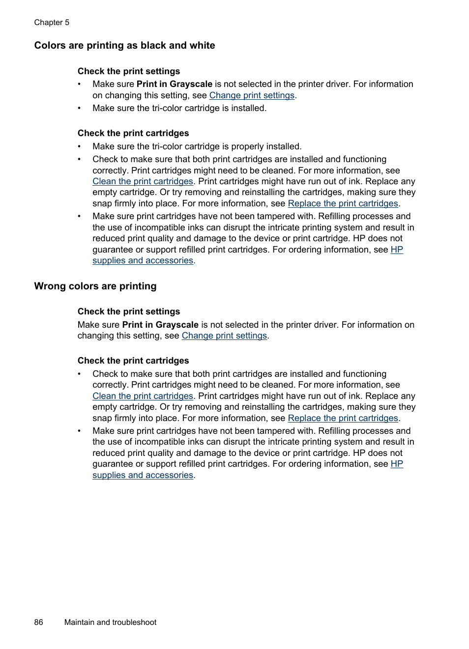 Colors are printing as black and white, Wrong colors are printing | HP Officejet H470wf Mobile Printer User Manual | Page 90 / 132