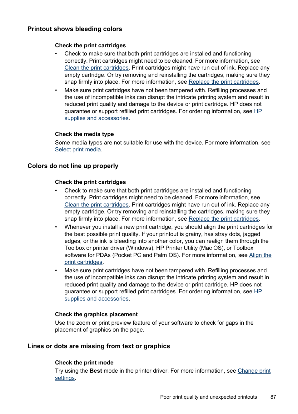 Printout shows bleeding colors, Colors do not line up properly, Lines or dots are missing from text or graphics | HP Officejet H470wf Mobile Printer User Manual | Page 91 / 132