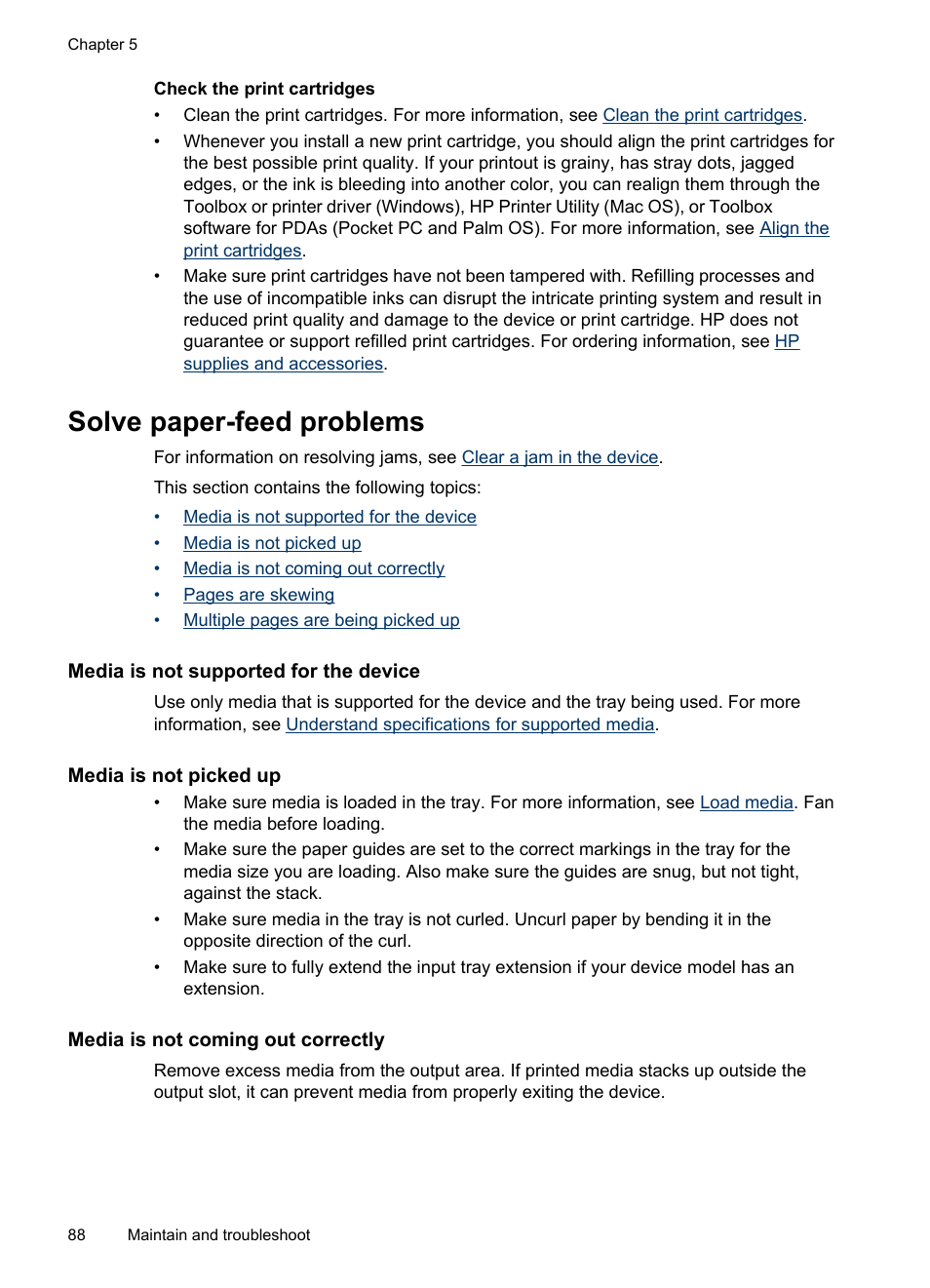 Solve paper-feed problems, Media is not supported for the device, Media is not picked up | Media is not coming out correctly, Solve, Paper-feed problems | HP Officejet H470wf Mobile Printer User Manual | Page 92 / 132