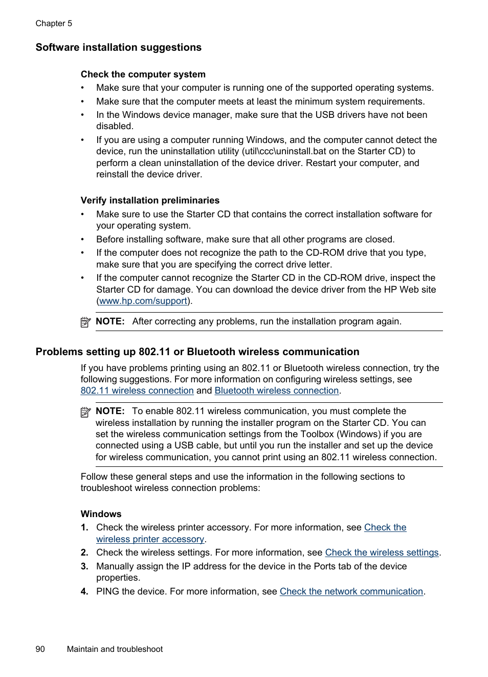 Software installation suggestions, Problems setting, Up 802.11 or bluetooth wireless communication | Problems setting up 802.11, Or bluetooth wireless communication, Problems | HP Officejet H470wf Mobile Printer User Manual | Page 94 / 132