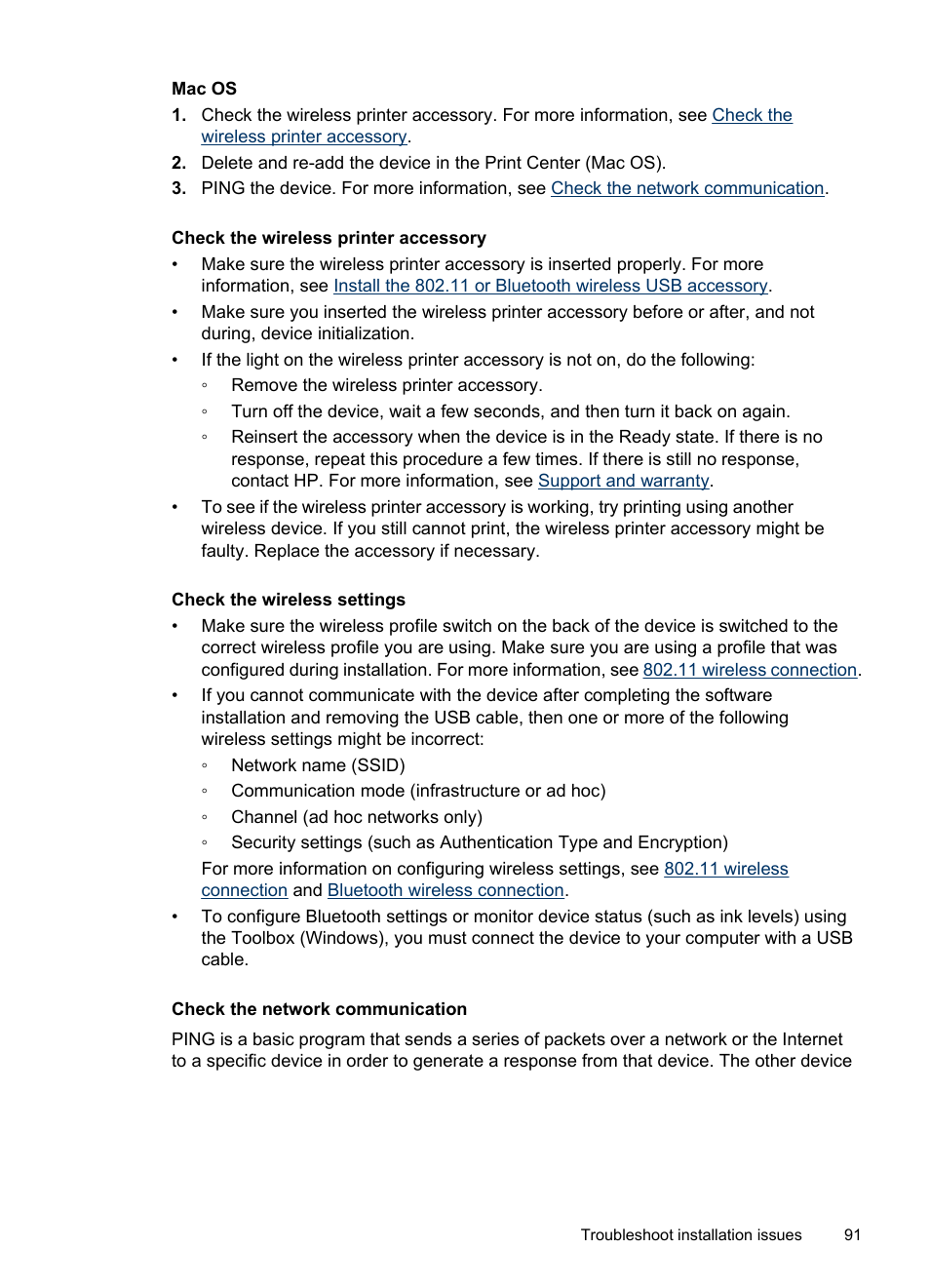 Check the wireless printer accessory, Check the wireless settings, Check the network communication | Information, see, Check the, Wireless printer accessory | HP Officejet H470wf Mobile Printer User Manual | Page 95 / 132