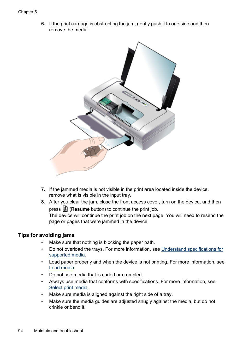 Tips for avoiding jams | HP Officejet H470wf Mobile Printer User Manual | Page 98 / 132