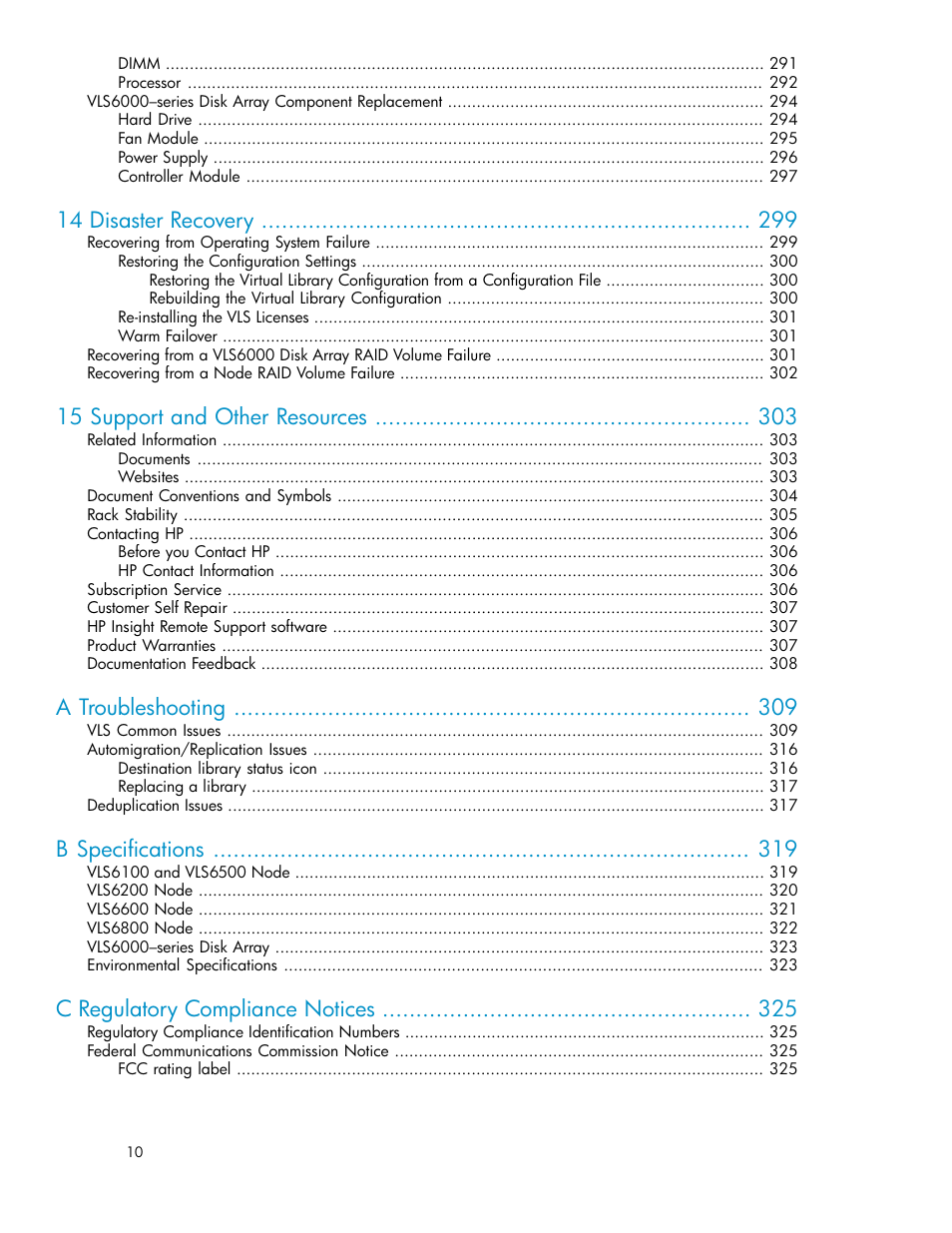 14 disaster recovery, 15 support and other resources, A troubleshooting | B specifications, C regulatory compliance notices | HP StorageWorks 6000 Virtual Library System User Manual | Page 10 / 358