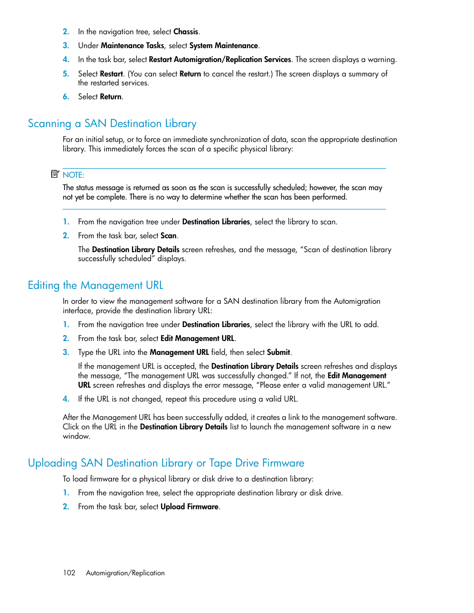 Scanning a san destination library, Editing the management url, 102 editing the management url | HP StorageWorks 6000 Virtual Library System User Manual | Page 102 / 358