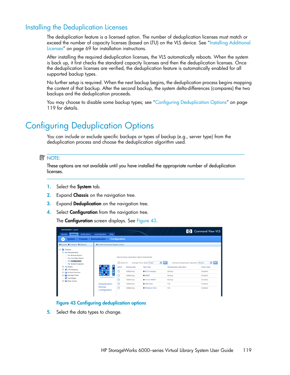 Installing the deduplication licenses, Configuring deduplication options | HP StorageWorks 6000 Virtual Library System User Manual | Page 119 / 358