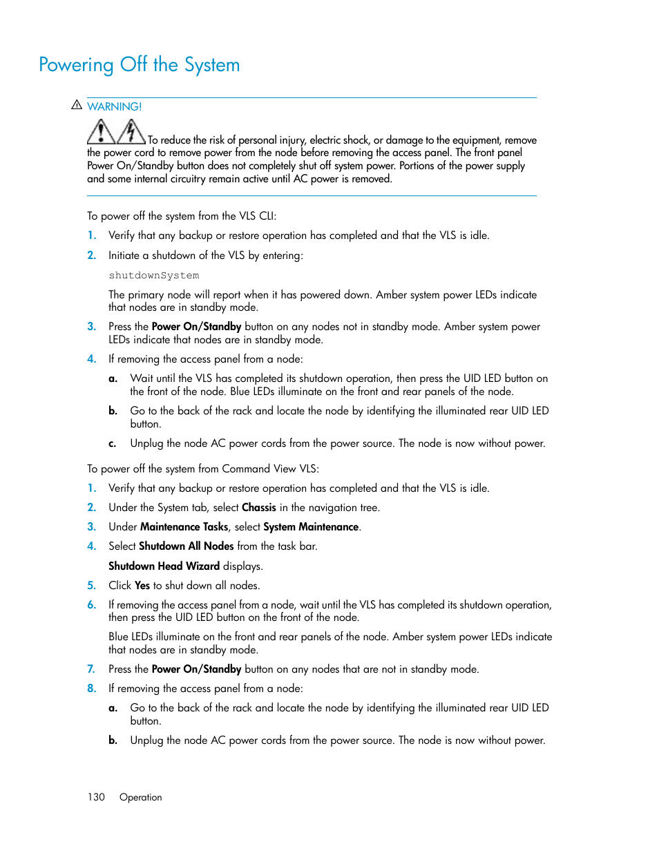 Powering off the system | HP StorageWorks 6000 Virtual Library System User Manual | Page 130 / 358