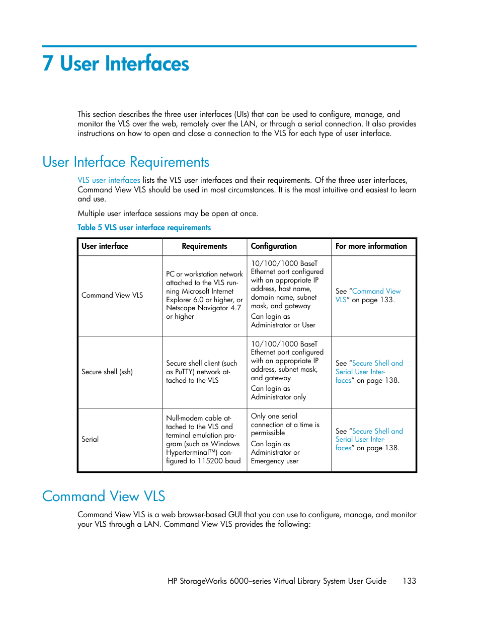 7 user interfaces, User interface requirements, Command view vls | 133 command view vls, Vls user interface requirements | HP StorageWorks 6000 Virtual Library System User Manual | Page 133 / 358