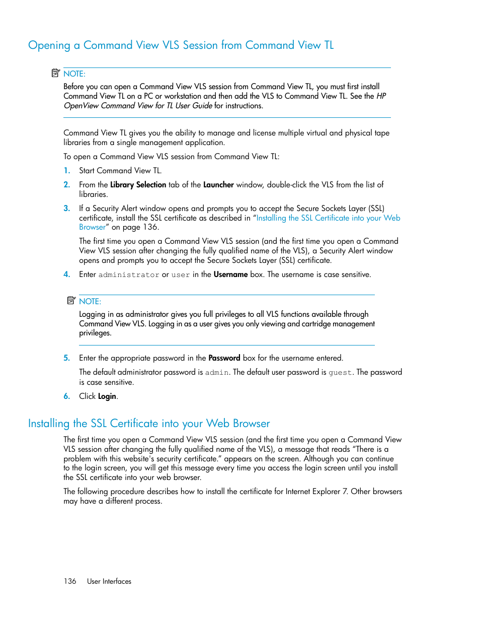 Installing the ssl certificate into your web, Browser | HP StorageWorks 6000 Virtual Library System User Manual | Page 136 / 358