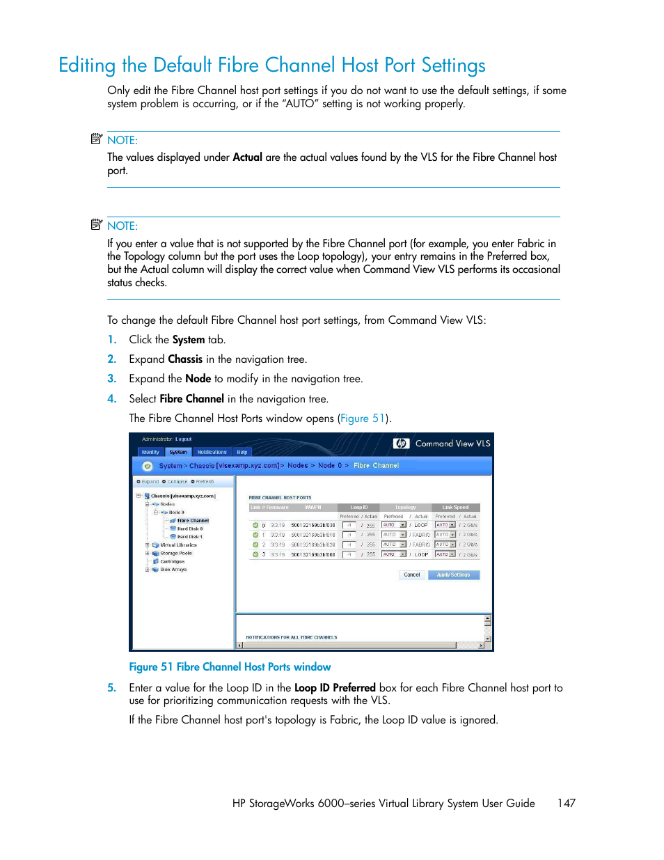 Fibre channel host ports window | HP StorageWorks 6000 Virtual Library System User Manual | Page 147 / 358