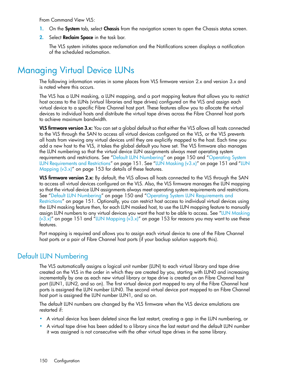 Managing virtual device luns, Default lun numbering | HP StorageWorks 6000 Virtual Library System User Manual | Page 150 / 358