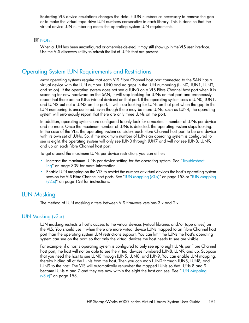 Operating system lun requirements and restrictions, Lun masking, Lun masking (v3.x) | 151 lun masking, Operating system, Lun requirements and restrictions, Operating system lun requirements and, Restrictions, V3.x) | HP StorageWorks 6000 Virtual Library System User Manual | Page 151 / 358