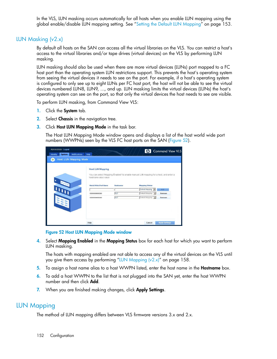 Lun masking (v2.x), Lun mapping, Host lun mapping mode window | HP StorageWorks 6000 Virtual Library System User Manual | Page 152 / 358