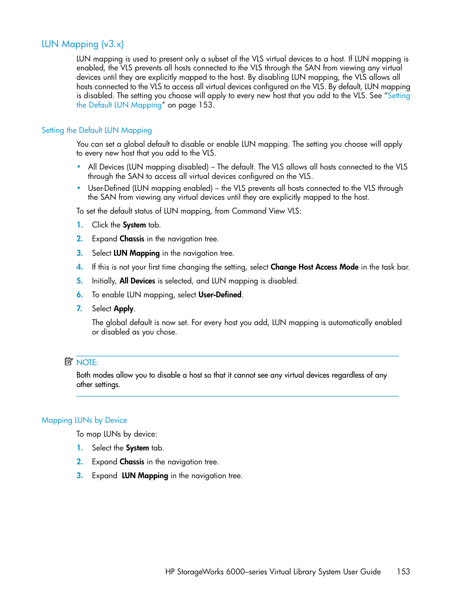 Lun mapping (v3.x), Setting the default lun mapping, Mapping luns by device | Mapping (v3.x), Lun mapping, V3.x) | HP StorageWorks 6000 Virtual Library System User Manual | Page 153 / 358