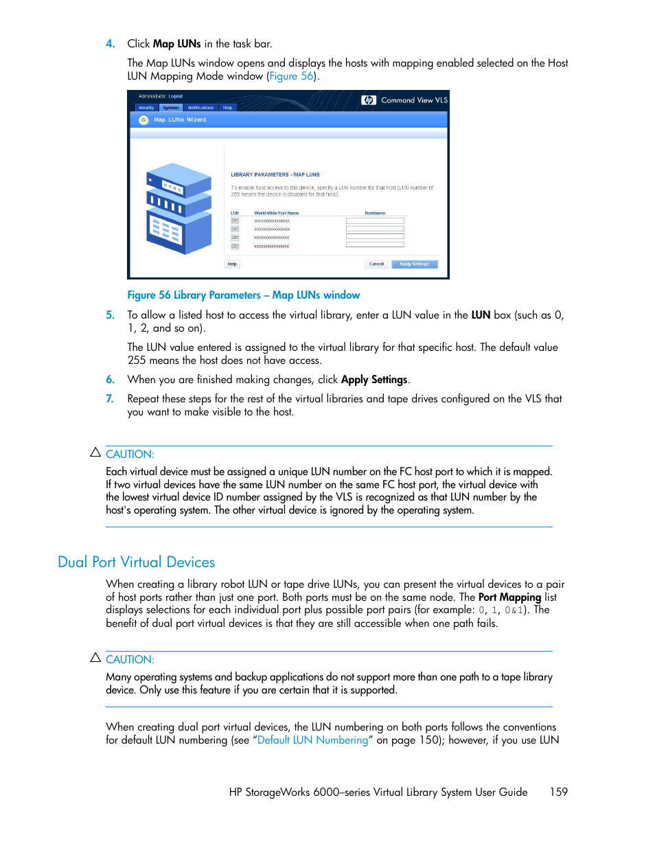 Dual port virtual devices, Library parameters – map luns window | HP StorageWorks 6000 Virtual Library System User Manual | Page 159 / 358