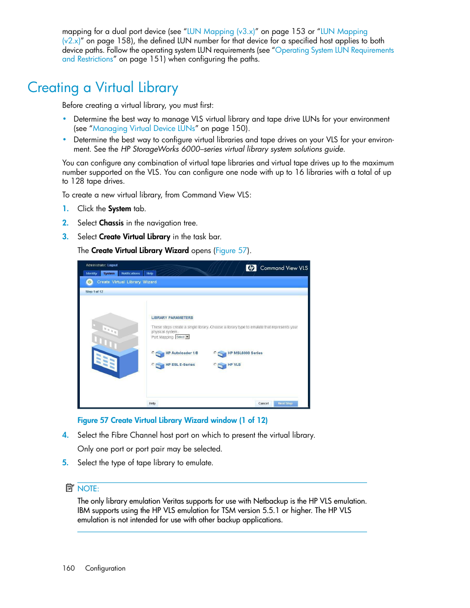 Creating a virtual library, Create virtual library wizard window (1 of 12) | HP StorageWorks 6000 Virtual Library System User Manual | Page 160 / 358