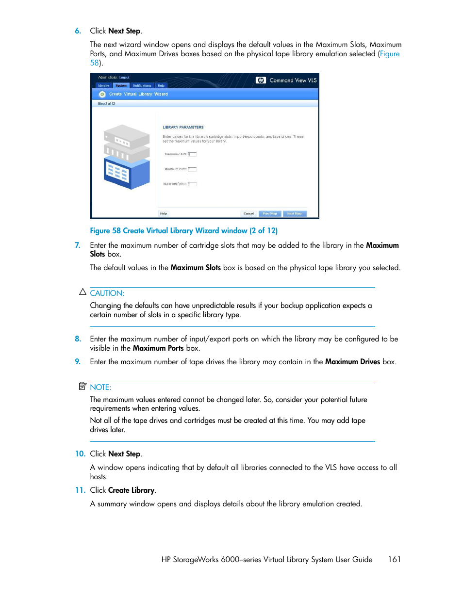 Create virtual library wizard window (2 of 12) | HP StorageWorks 6000 Virtual Library System User Manual | Page 161 / 358
