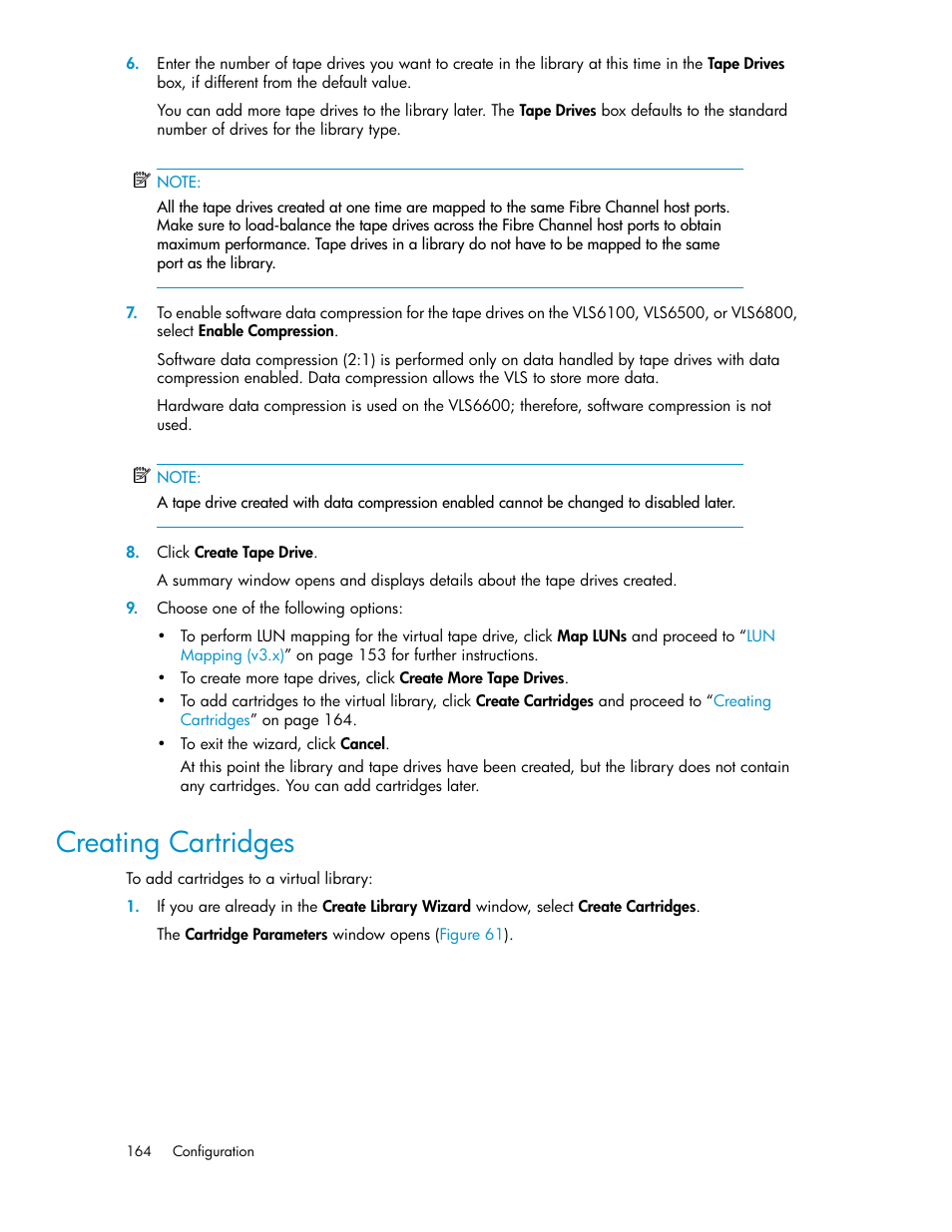 Creating cartridges, Creating cart, Ridges | HP StorageWorks 6000 Virtual Library System User Manual | Page 164 / 358