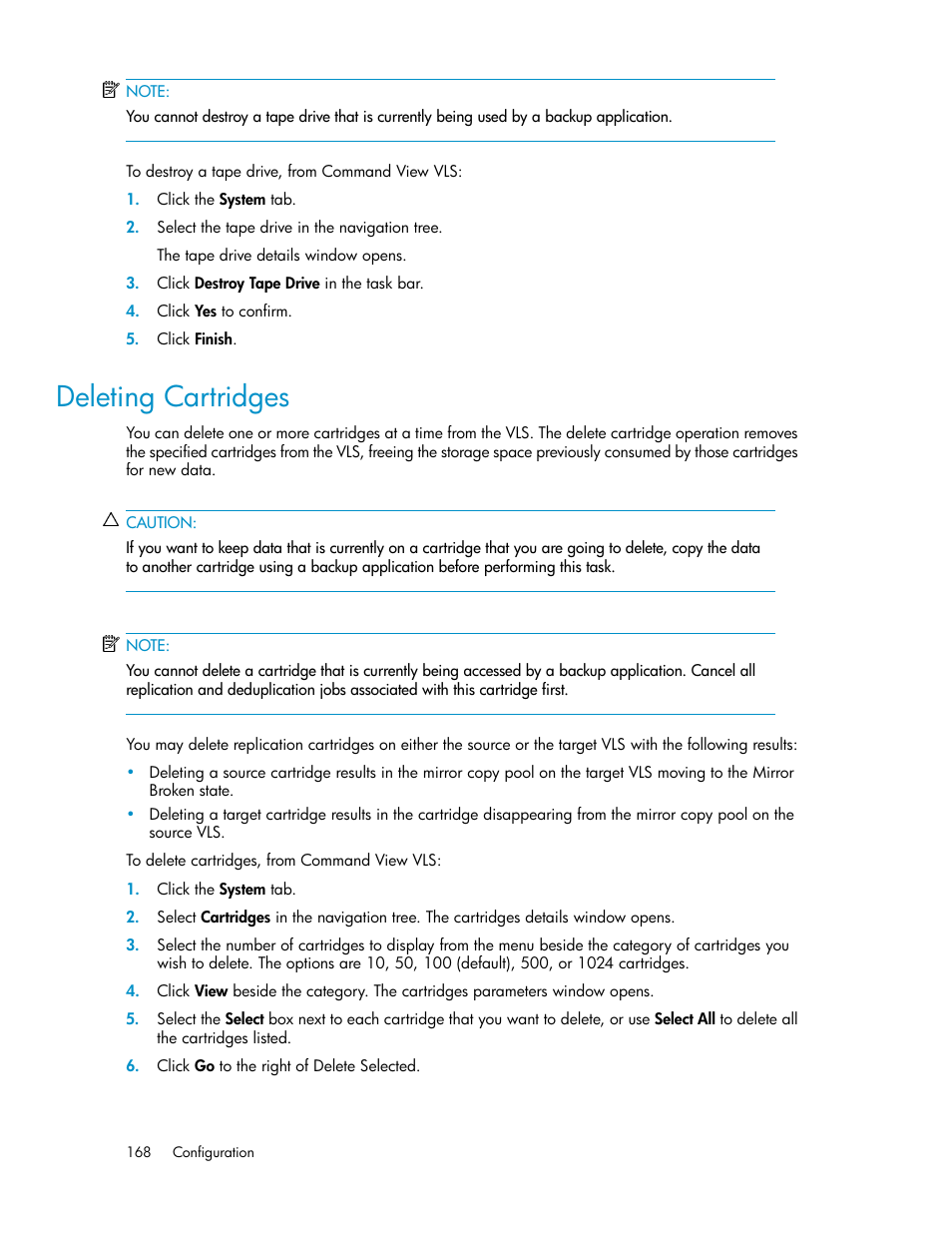 Deleting cartridges | HP StorageWorks 6000 Virtual Library System User Manual | Page 168 / 358