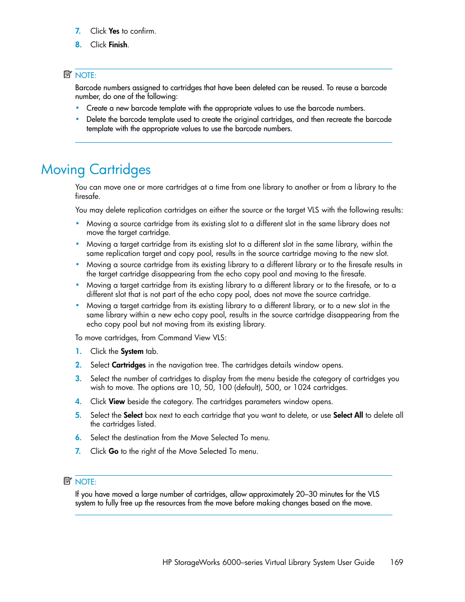 Moving cartridges | HP StorageWorks 6000 Virtual Library System User Manual | Page 169 / 358